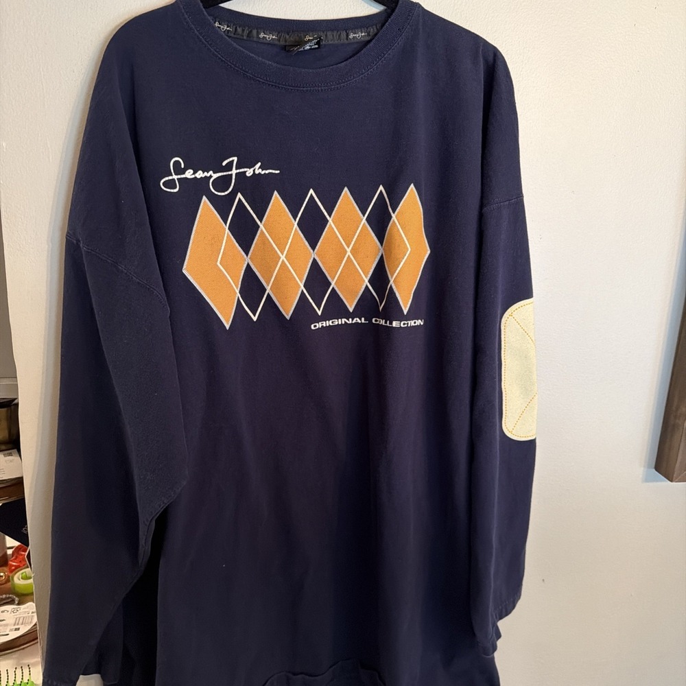 Sean John Shirt Mens 3XL Navy Blue Long Sleeve Elbow Pad Graphic Cotton Top